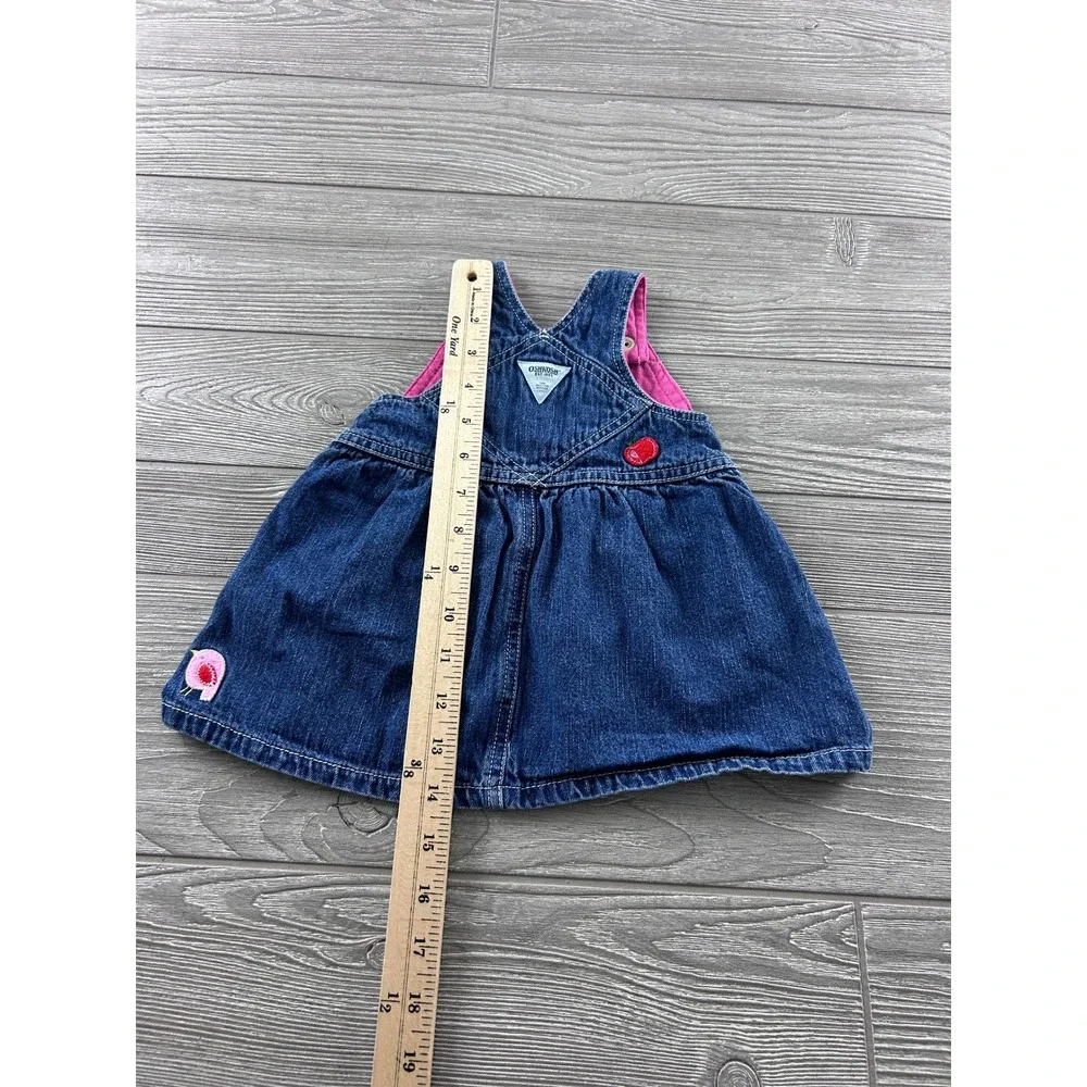 OshKosh Bgosh Baby Girls Denim Jumper Dress Embroidered Cat Apple Size 3-6M
